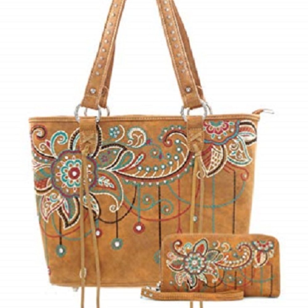 Embroidered Tote Bag & Wallet Crossbody Set-BRN